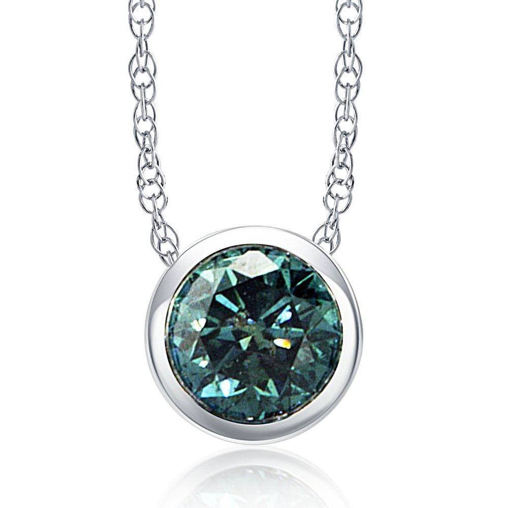 Diamond Bezel Pendant Fancy Turquoise Round Shape 14K White Gold 0.95 Carat